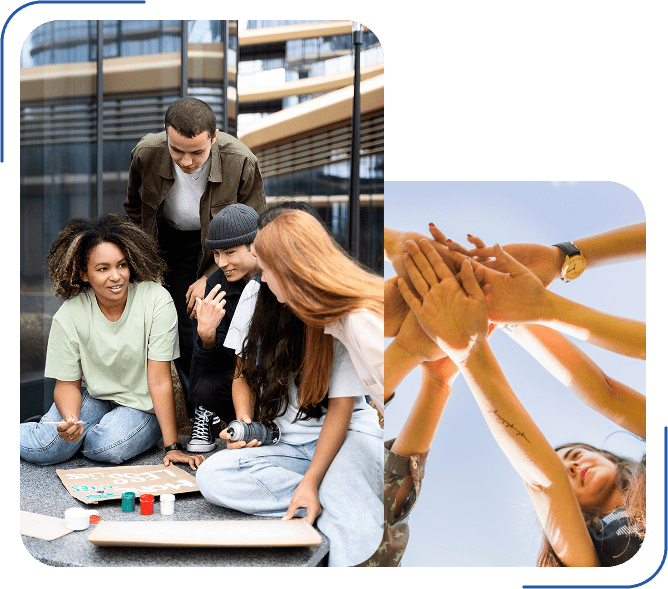 Two side by side photos showing youth collaboration and teamwork. On the left, a small group of young people sit together outdoors, working on a creative project with art supplies and a board, while one person stands nearby engaged in the discussion. On the right, several people raise their hands together in a stacked gesture against a bright sky, symbolizing unity and teamwork.