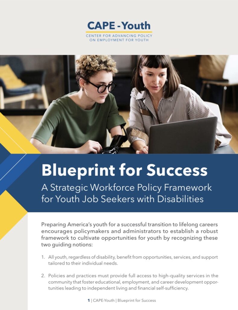 Two people talking on a report cover called Blueprint for Success