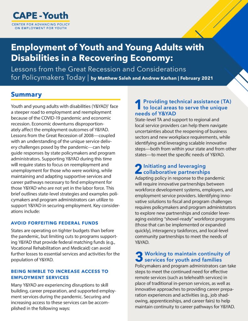 Employment of Youth and Young Adults with Disabilities in a Recovering Economy